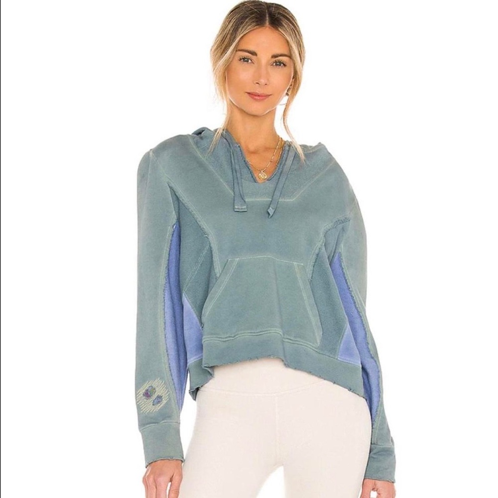 LoveShackFancy Alouette Hoodie Sweatshirt Distressed Patch Blue Green Indigo